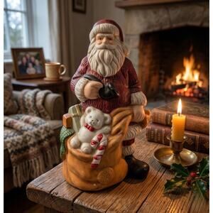 Vintage Ceramic Santa Claus Figurine with Toy Sack and Pipe